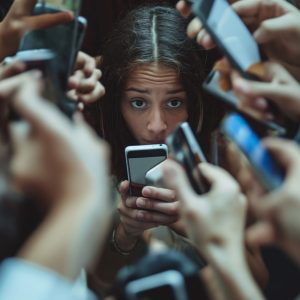 A group of diverse individuals enthusiastically raise their cell phones in a synchronized display of connectivity and communication.
