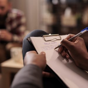 Male psychologist taking notes at couple therapy session to help with relationship issues, counselor giving advice. Explaining marriage problems, using paper to do psychoanalysis. Close up,