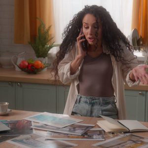 Stressed angry Hispanic designer woman Latina girl female homeowner at home kitchen problem talking mobile phone argue quarrel discuss trouble templates pictures photos interior renovation design. High quality 4k footage